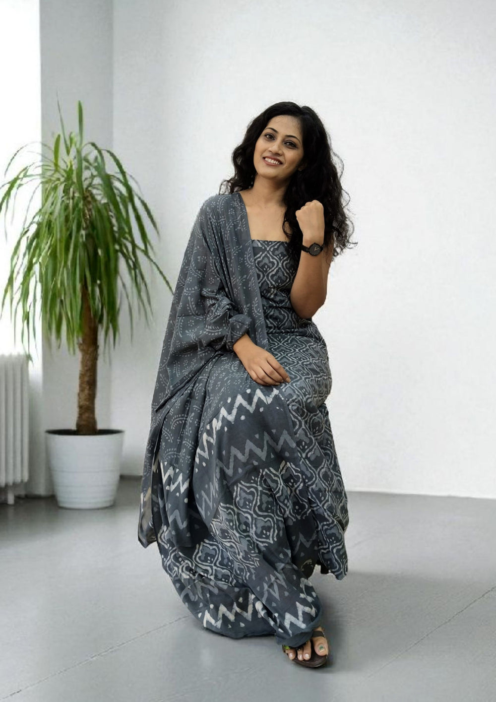 Dabu Handblock Print Suit D3 - Grey1 - Wefta