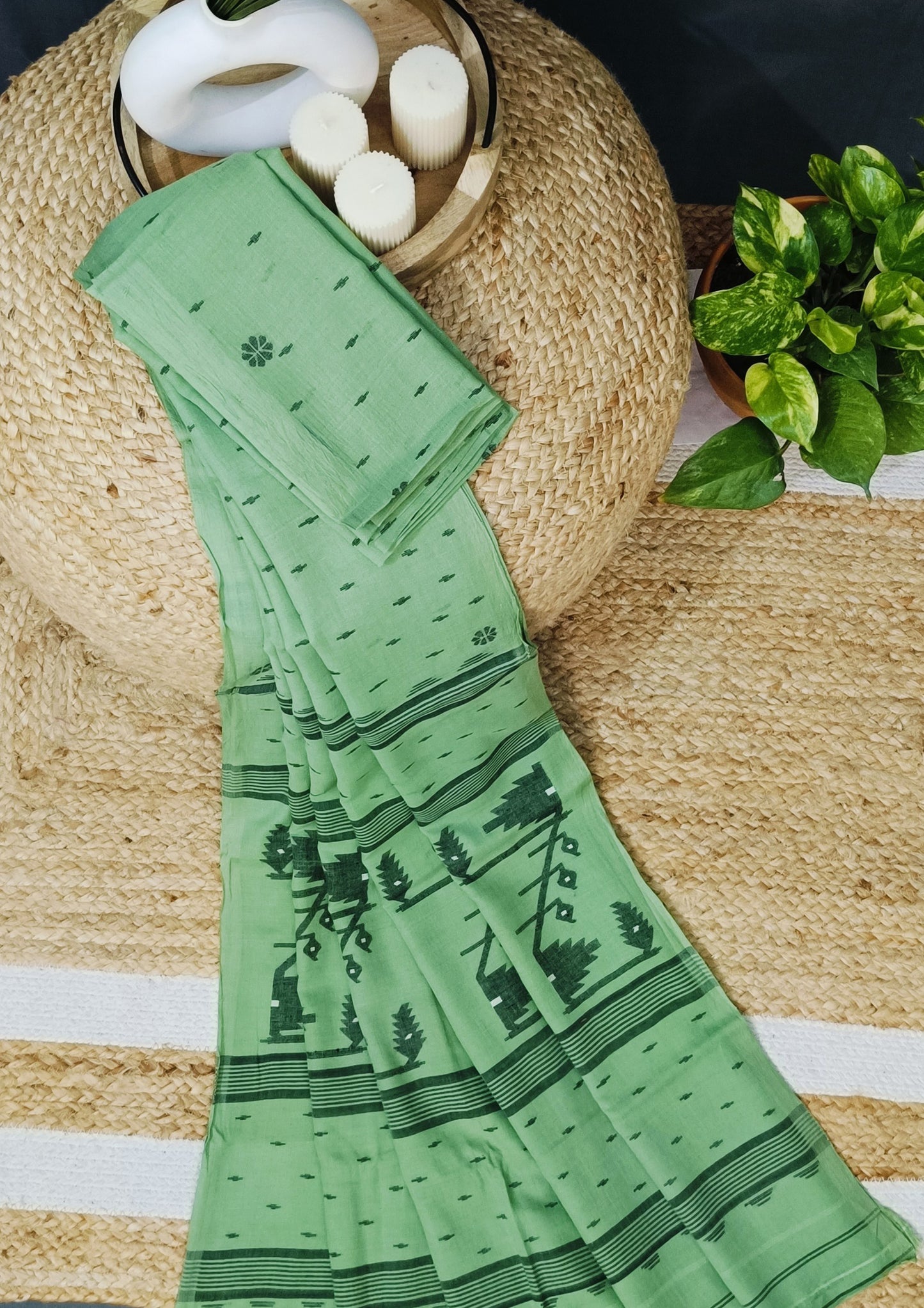 Cotton Jamdani Machi Buti Saree- Green