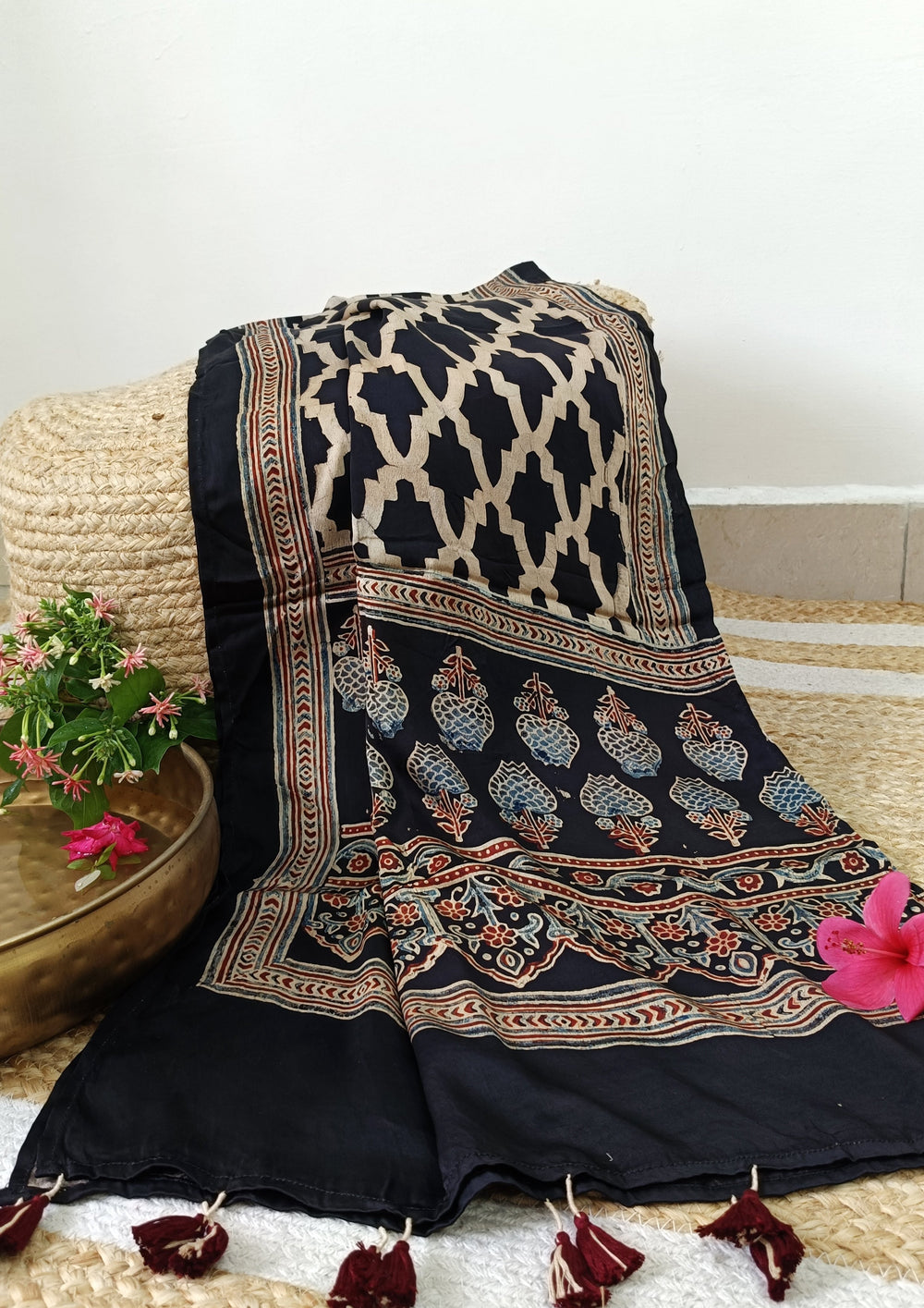 Handblock Printed Ajrakh Modal Stole - S1 - Wefta
