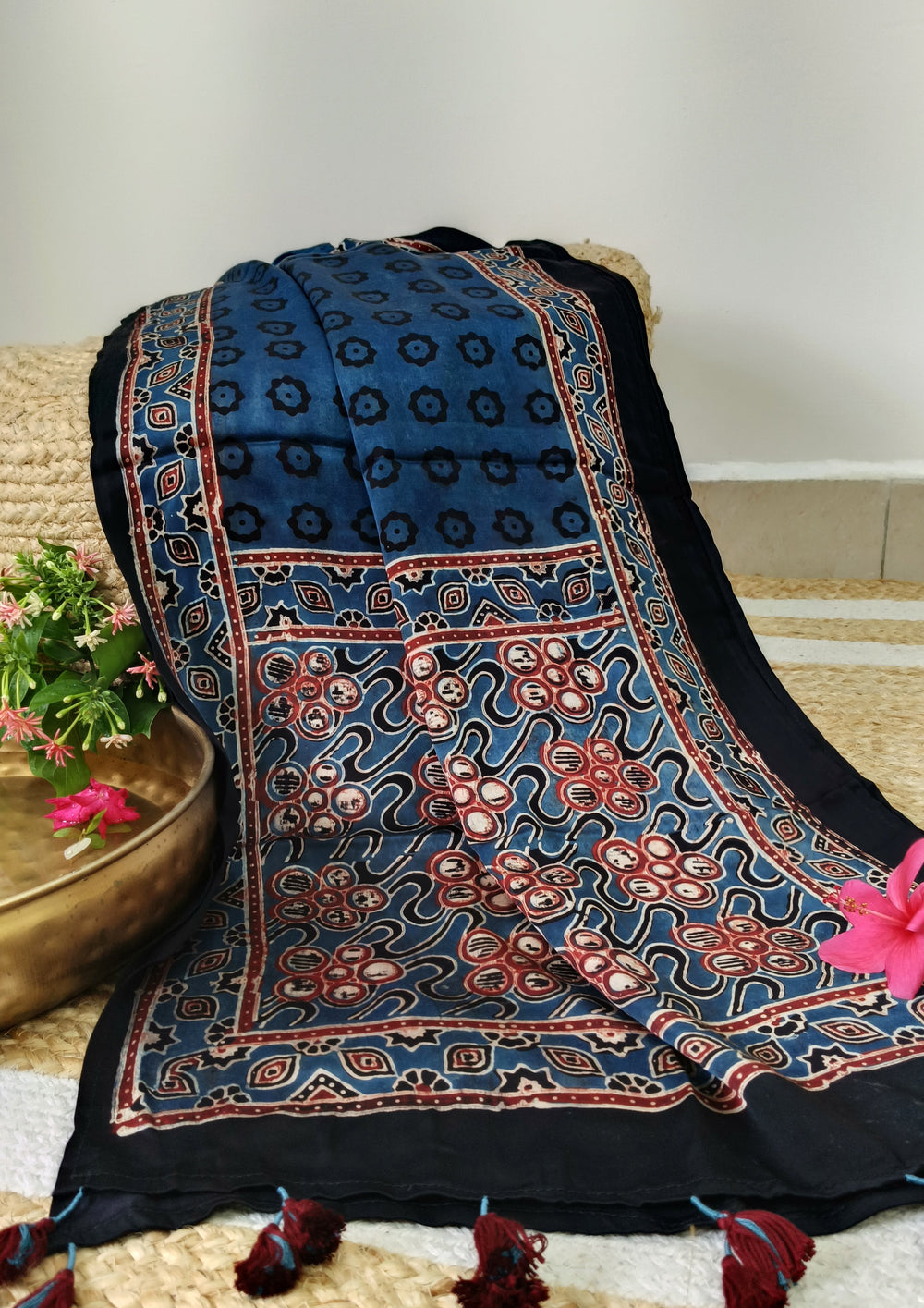Handblock Printed Ajrakh Modal Stole - S3 - Wefta