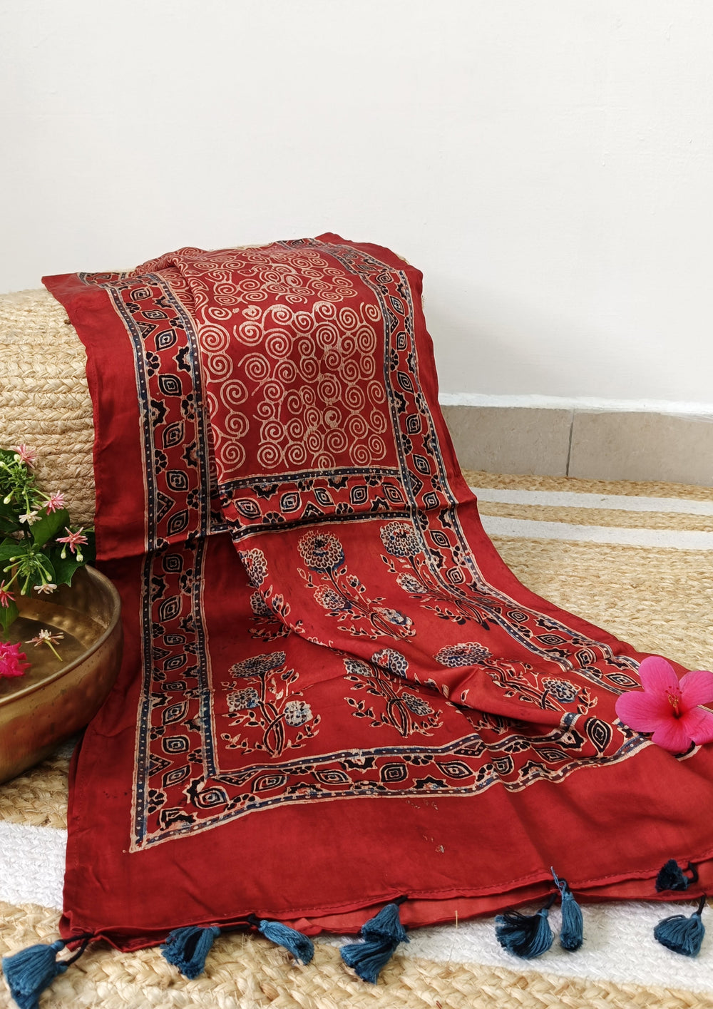 Handblock Printed Ajrakh Modal Stole - S6 - Wefta