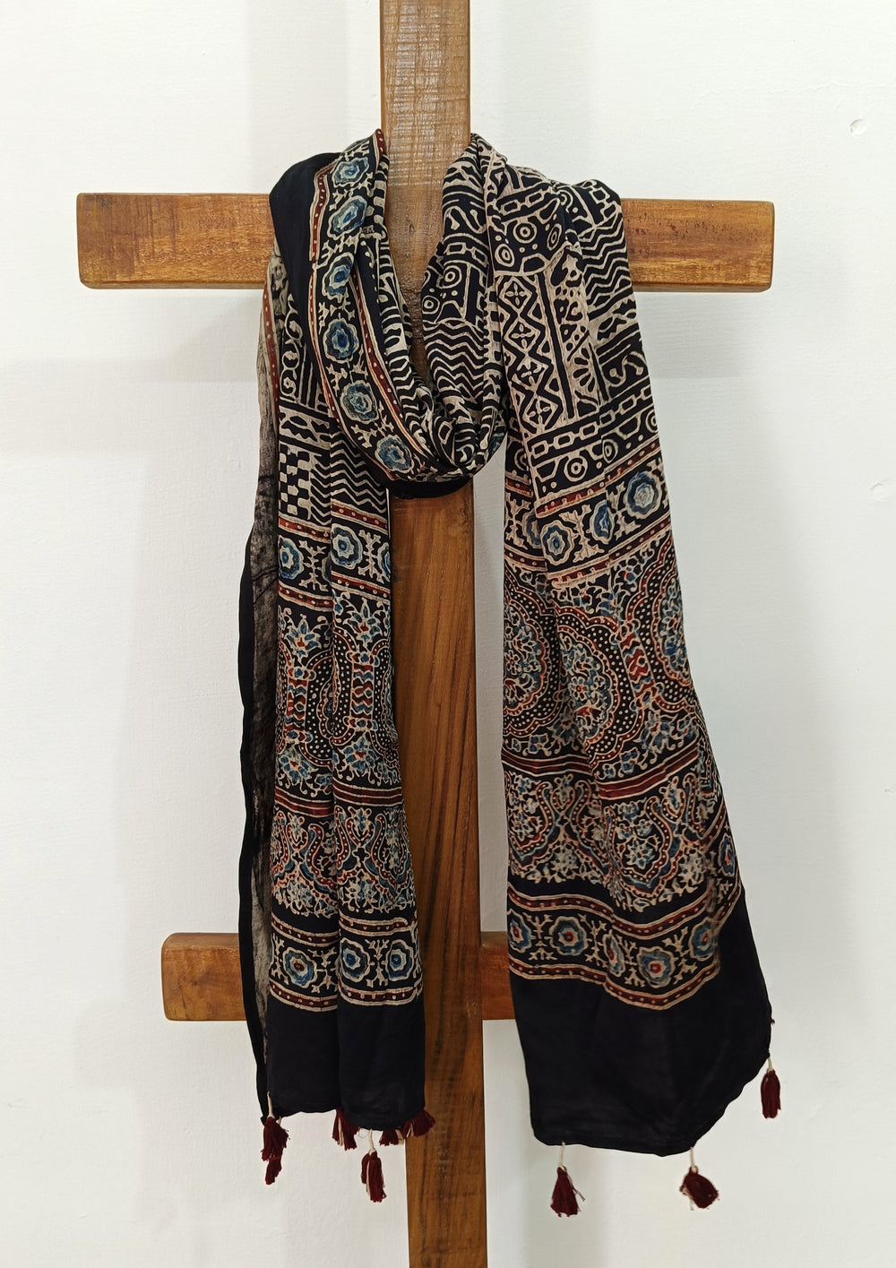 Handblock Printed Ajrakh Modal Stole - S9 - Wefta
