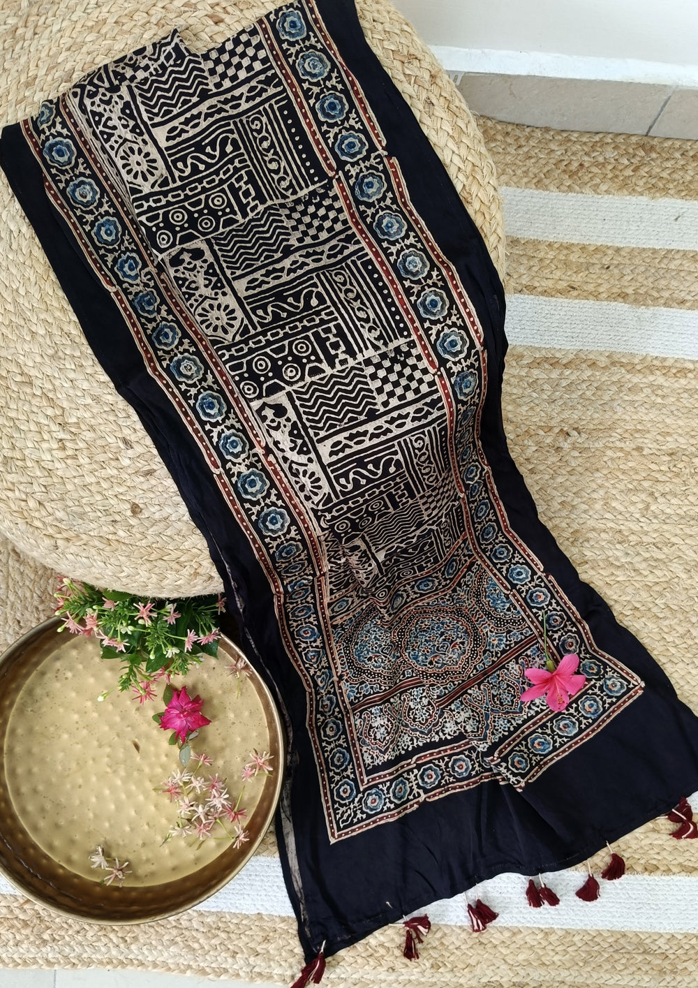 Handblock Printed Ajrakh Modal Stole - S9 - Wefta