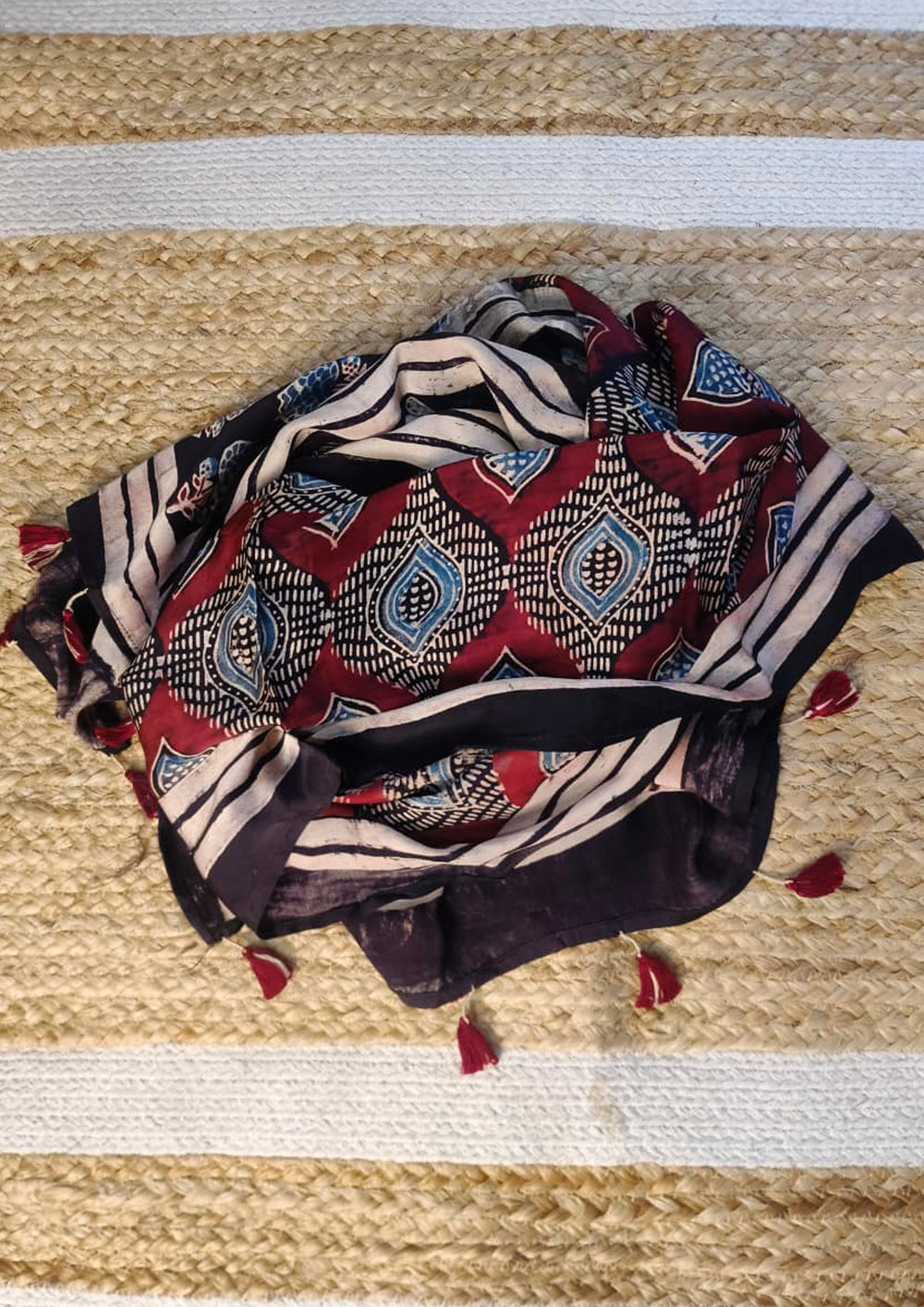 Handblock Printed Ajrakh Modal Stole- SM11Ib - Wefta