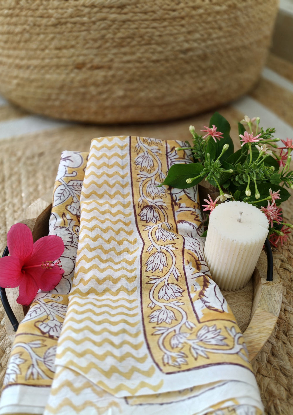 Handblock Printed Cotton Baggru Sarong - 08 Yellow - Wefta
