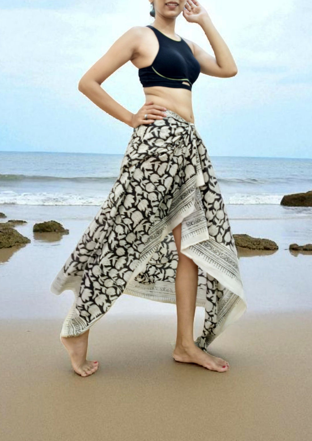 Handblock printed Cotton Bagru Sarong - 01 Black - Wefta