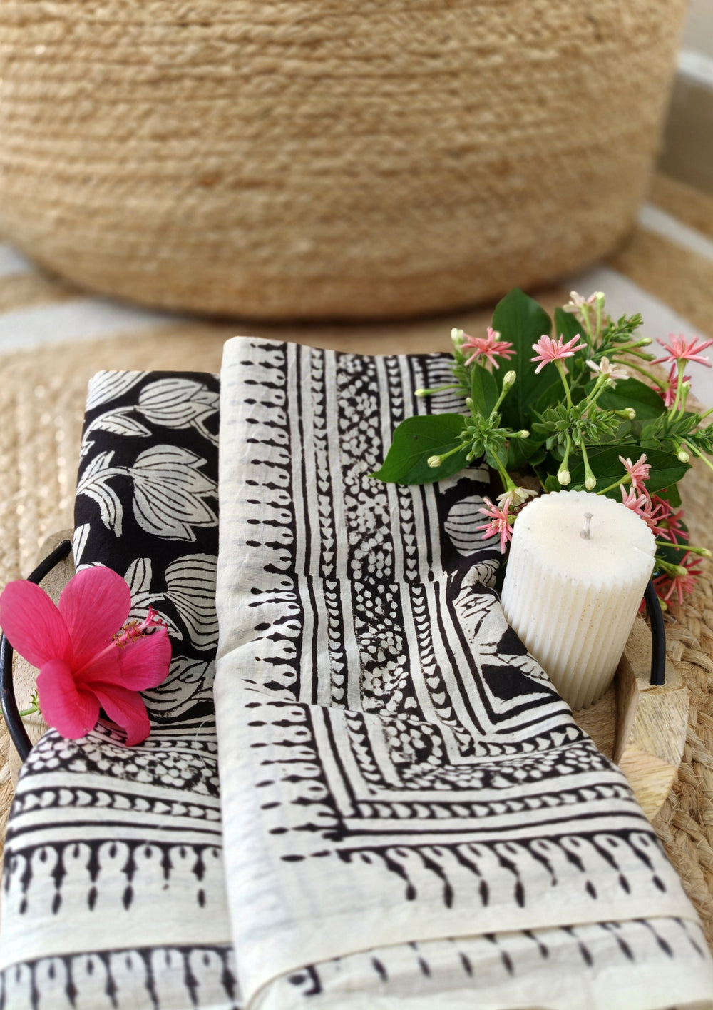 Handblock printed Cotton Bagru Sarong - 01 Black - Wefta