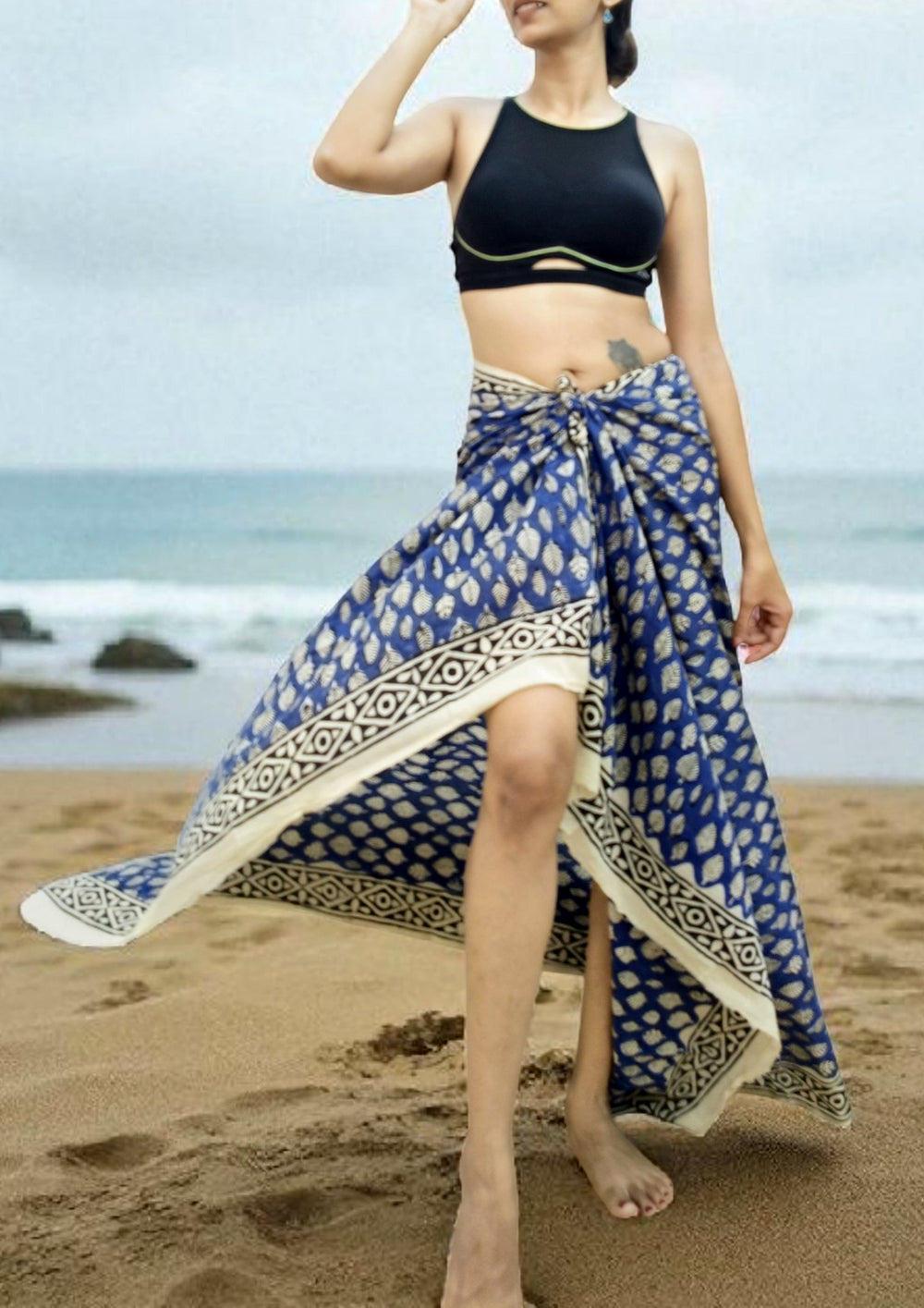 Handblock Printed Cotton Bagru Sarong - 03 Blue - Wefta