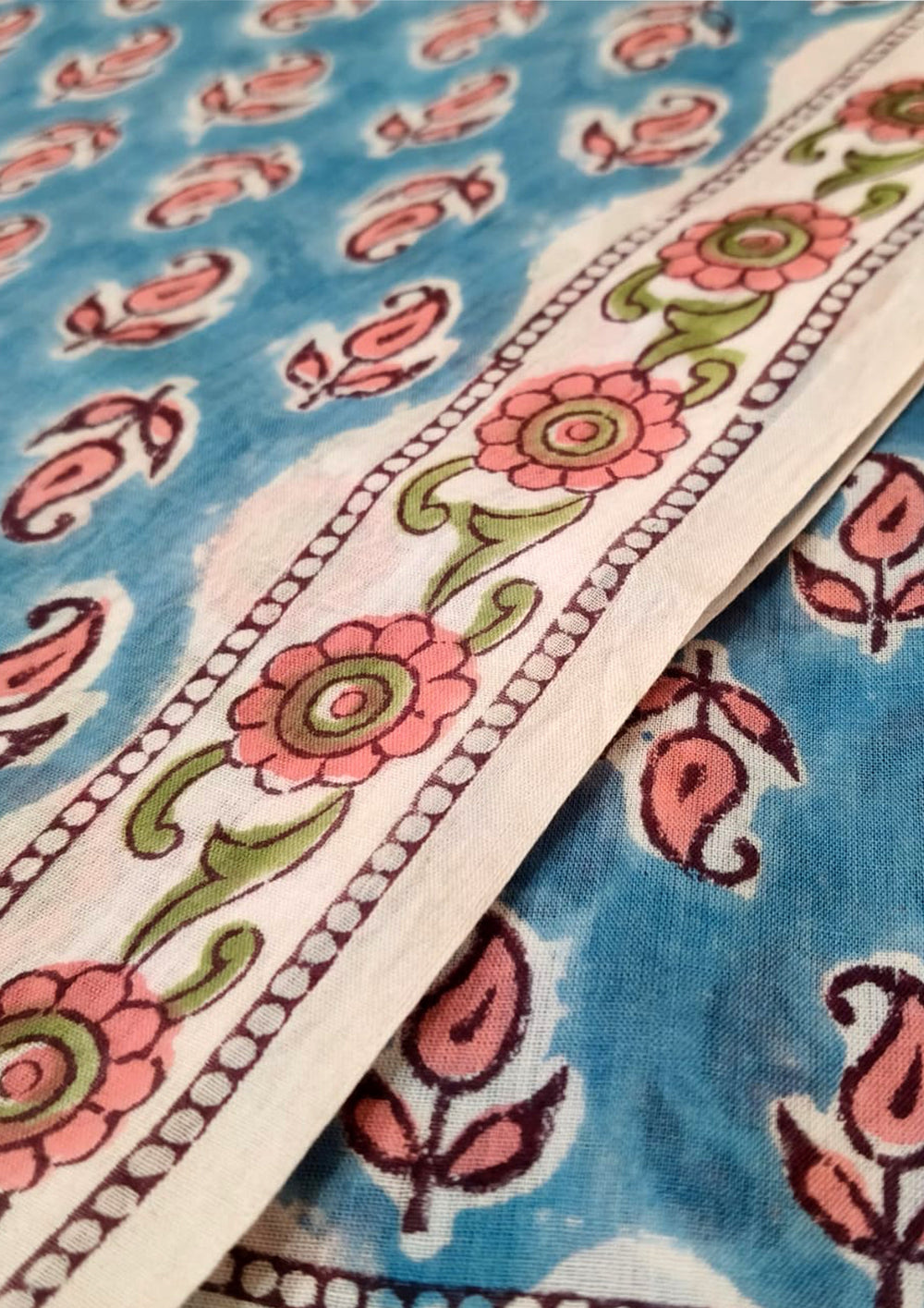 Handblock Printed Cotton Bagru Sarong - 05 Firozi - Wefta