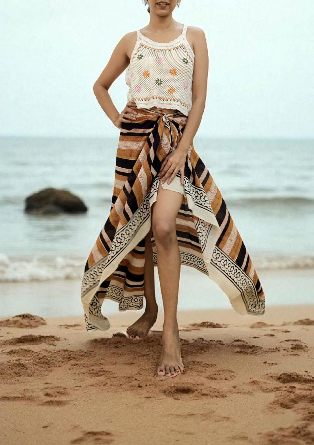 Handblock Printed Cotton Bagru Sarong - 06 Mustard stripe - Wefta