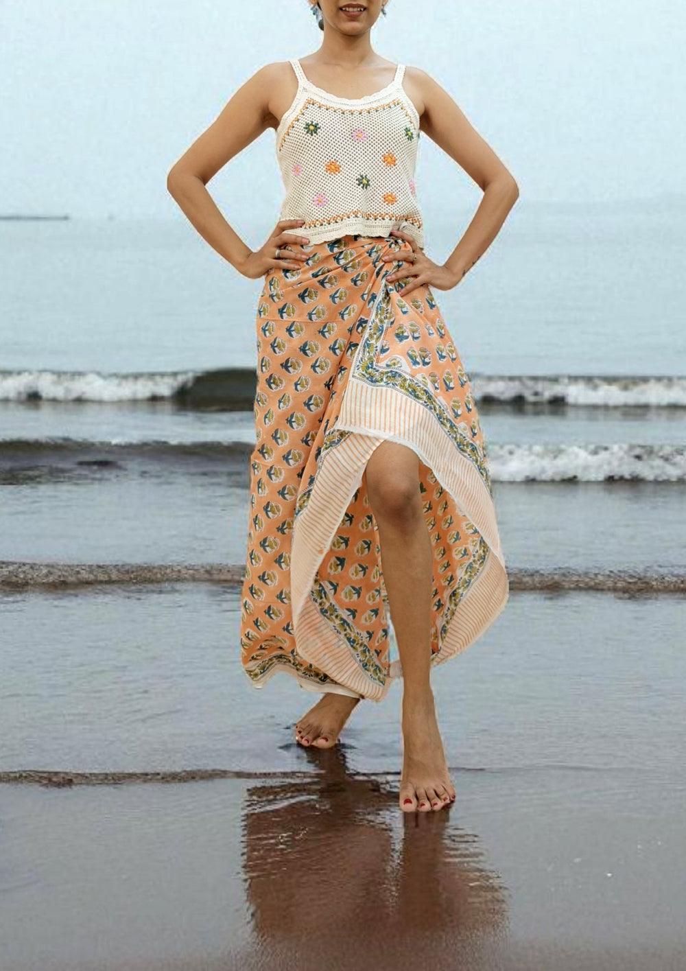 Handblock Printed Cotton Bagru Sarong - 07 Peach - Wefta