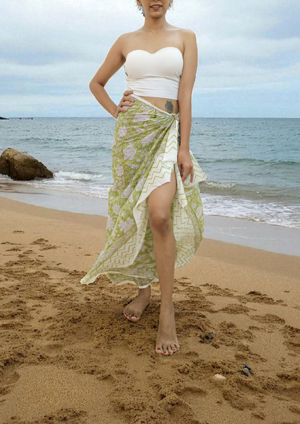 Handblock Printed Cotton Bagru Sarong - 09 Fresh Green - Wefta