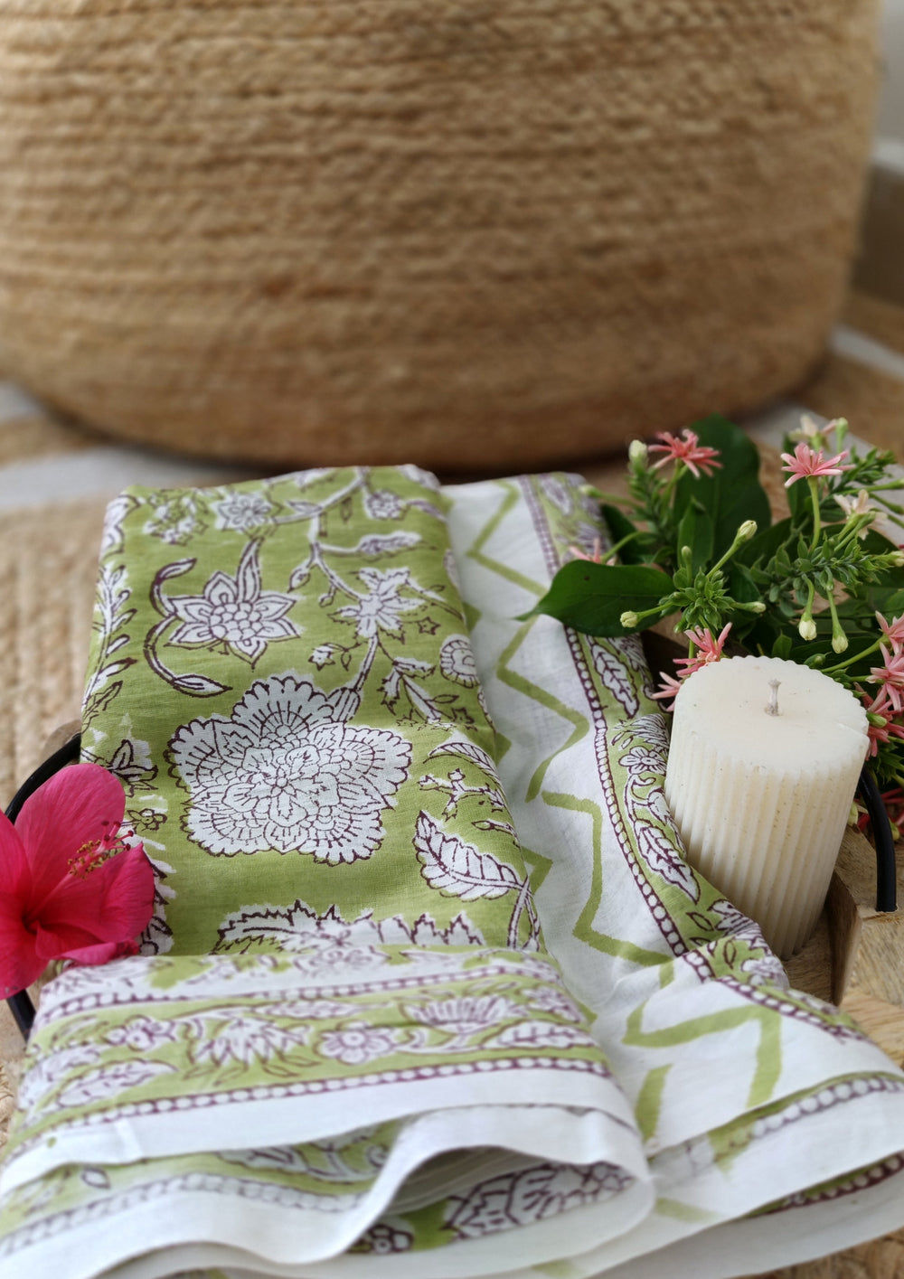 Handblock Printed Cotton Bagru Sarong - 09 Fresh Green - Wefta