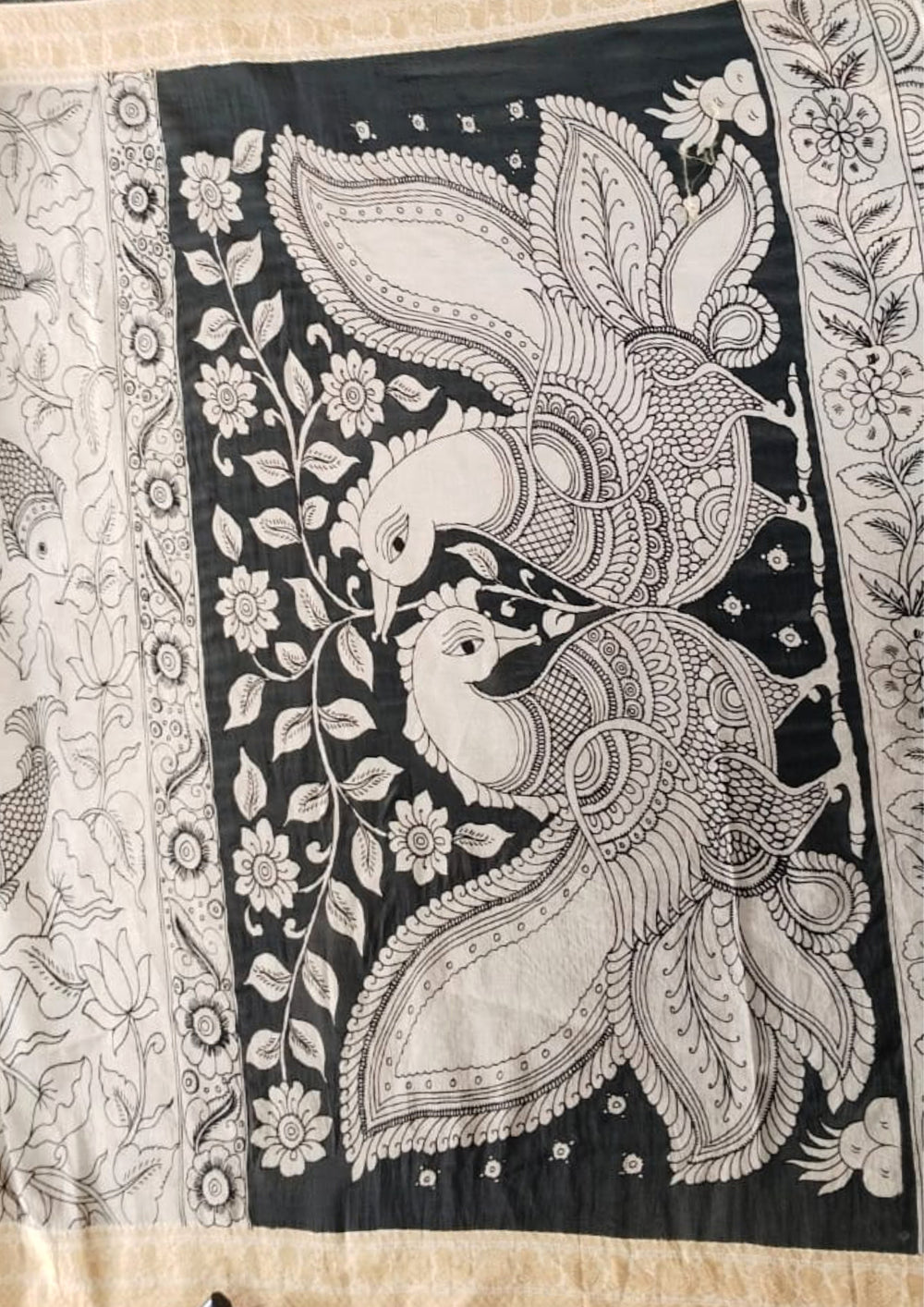 Handpainted Kalamkari Saree Cotton- Black & White HPK5 - Wefta