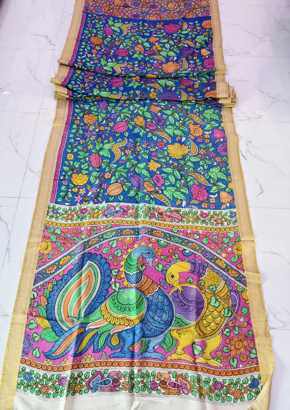 Handpainted Kalamkari Saree Cotton - Blue - Wefta