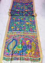 Handpainted Kalamkari Saree Cotton - Blue - Wefta