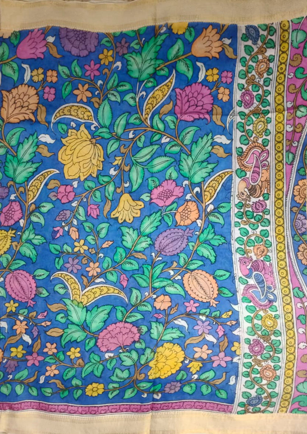 Handpainted Kalamkari Saree Cotton - Blue - Wefta