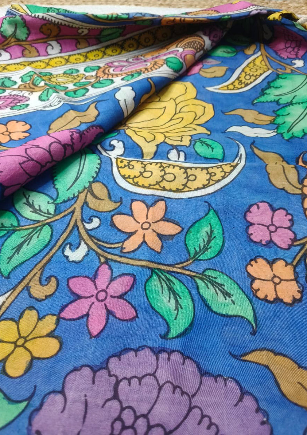 Handpainted Kalamkari Saree Cotton - Blue - Wefta