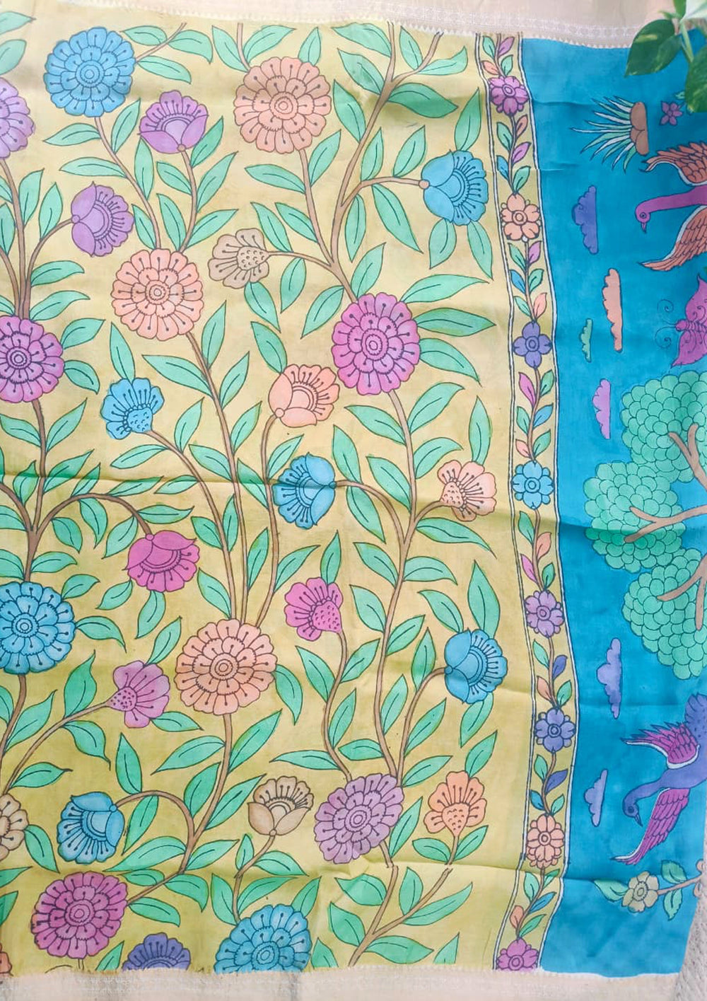 Handpainted Kalamkari Saree Cotton - Blue & Yellow KS1 - Wefta