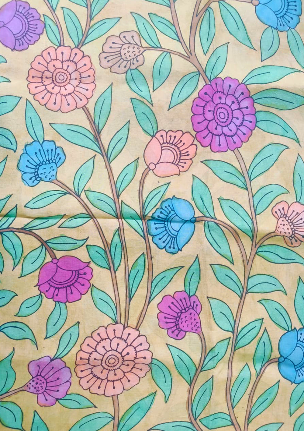 Handpainted Kalamkari Saree Cotton - Blue & Yellow KS1 - Wefta