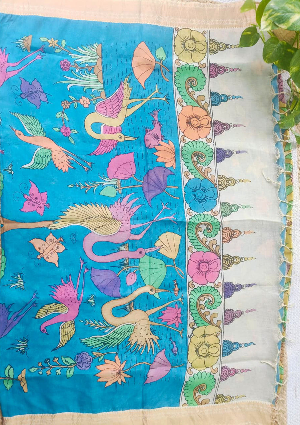 Handpainted Kalamkari Saree Cotton - Blue & Yellow KS1 - Wefta