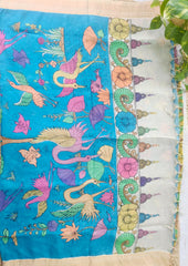 Handpainted Kalamkari Saree Cotton - Blue & Yellow KS1 - Wefta