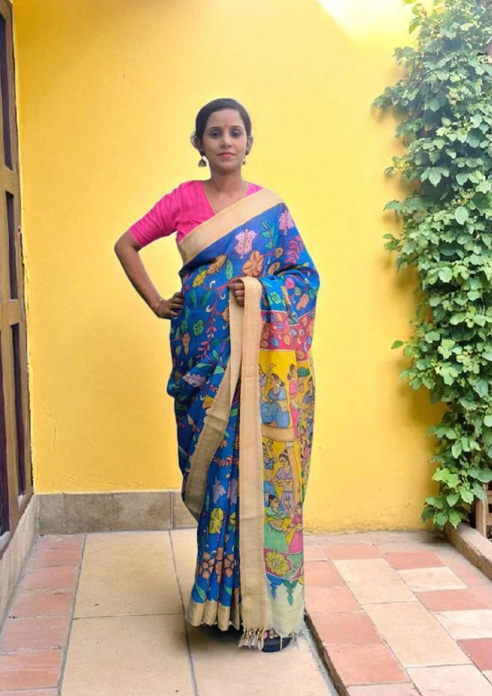 Handpainted Kalamkari Saree Cotton - Blue & Yellow KS2 - Wefta