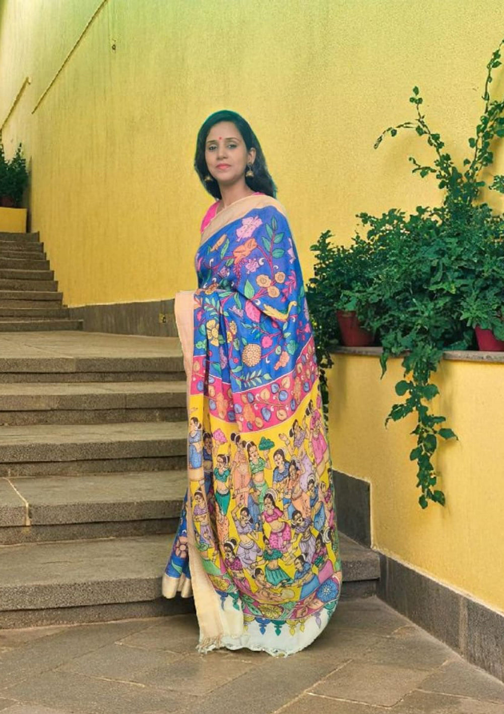 Handpainted Kalamkari Saree Cotton - Blue & Yellow KS2 - Wefta
