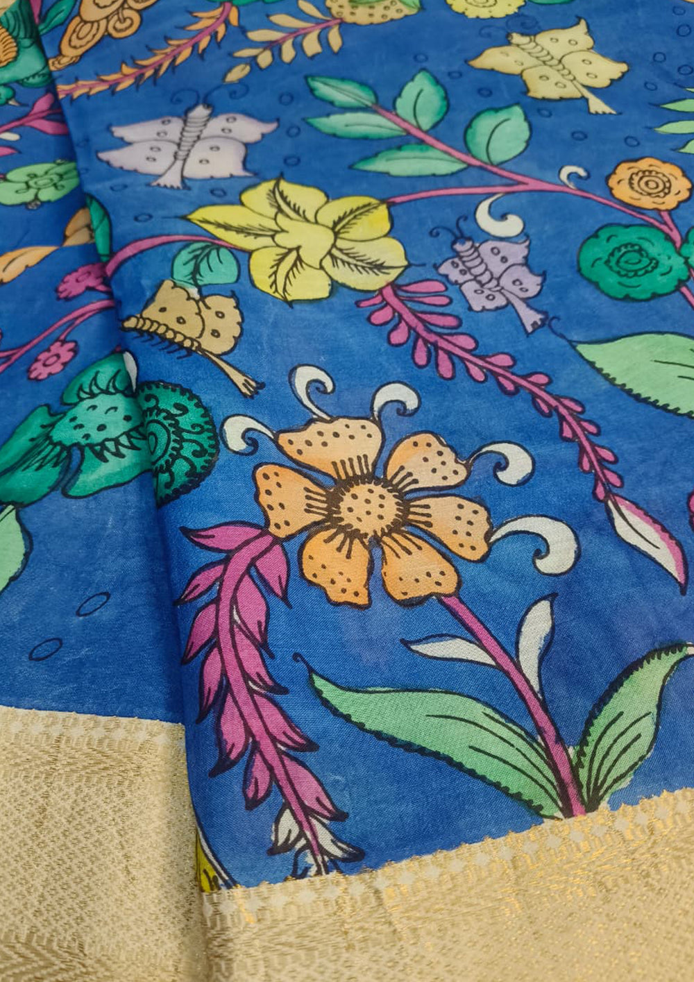 Handpainted Kalamkari Saree Cotton - Blue & Yellow KS2 - Wefta