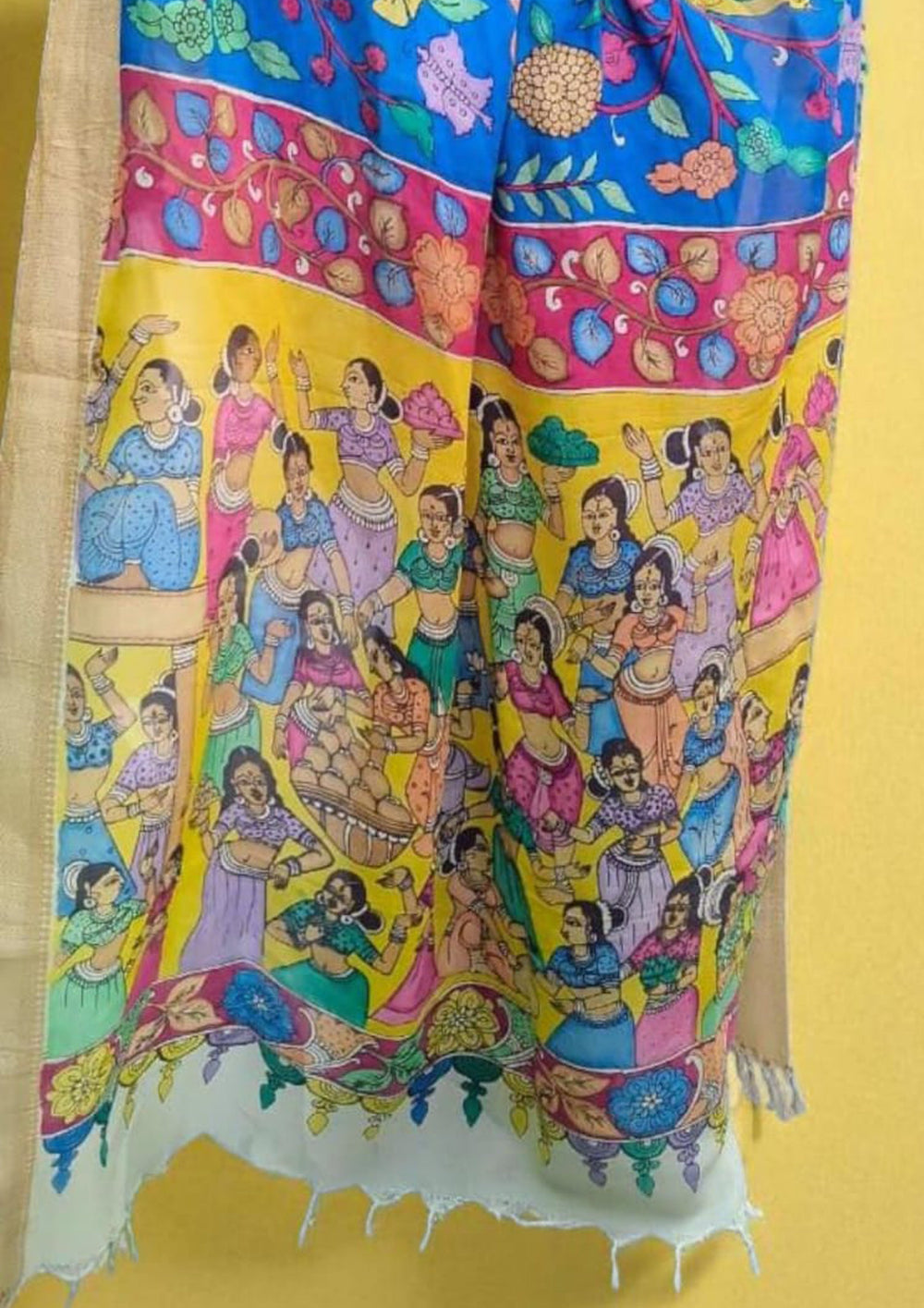 Handpainted Kalamkari Saree Cotton - Blue & Yellow KS2 - Wefta