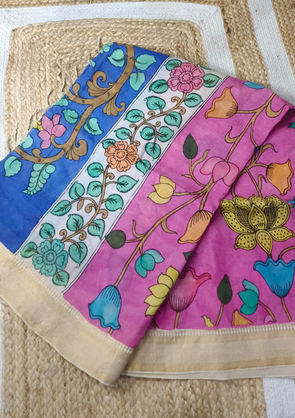 Handpainted Kalamkari Saree Cotton - Pink & Blue - Wefta