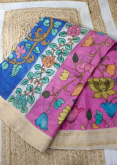 Handpainted Kalamkari Saree Cotton - Pink & Blue - Wefta