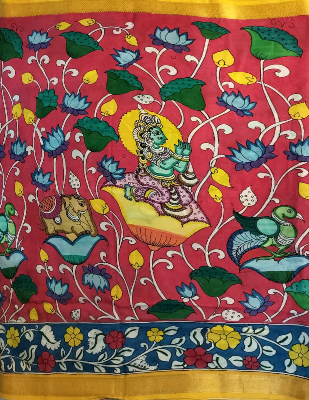 Handpainted Kalamkari Saree Cotton- Red-Green HPK08 - Wefta