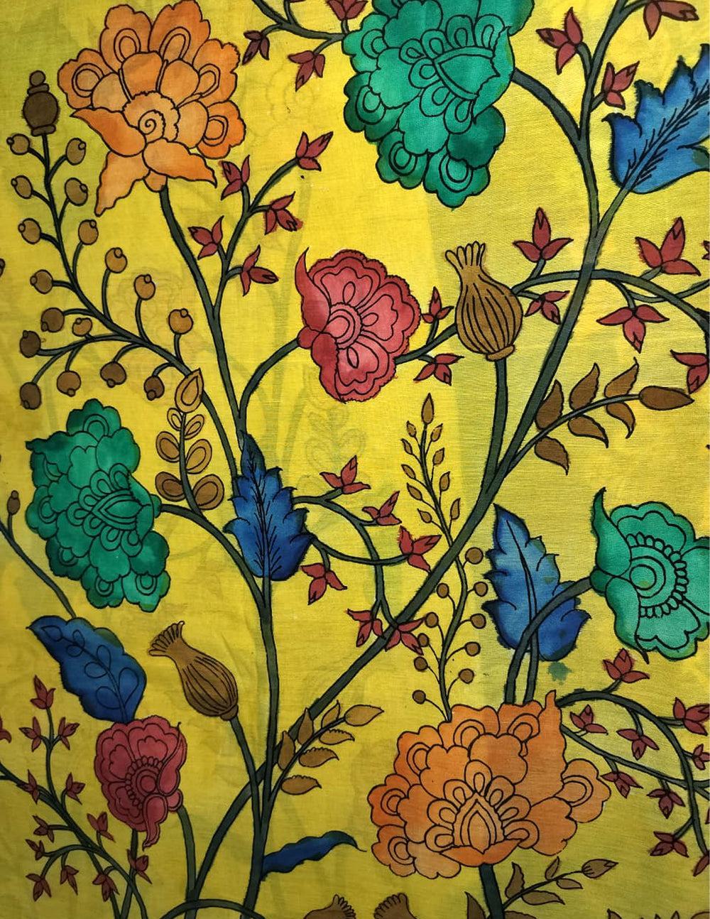 Handpainted Kalamkari Saree Cotton- Yellow-Blue HPK06 - Wefta