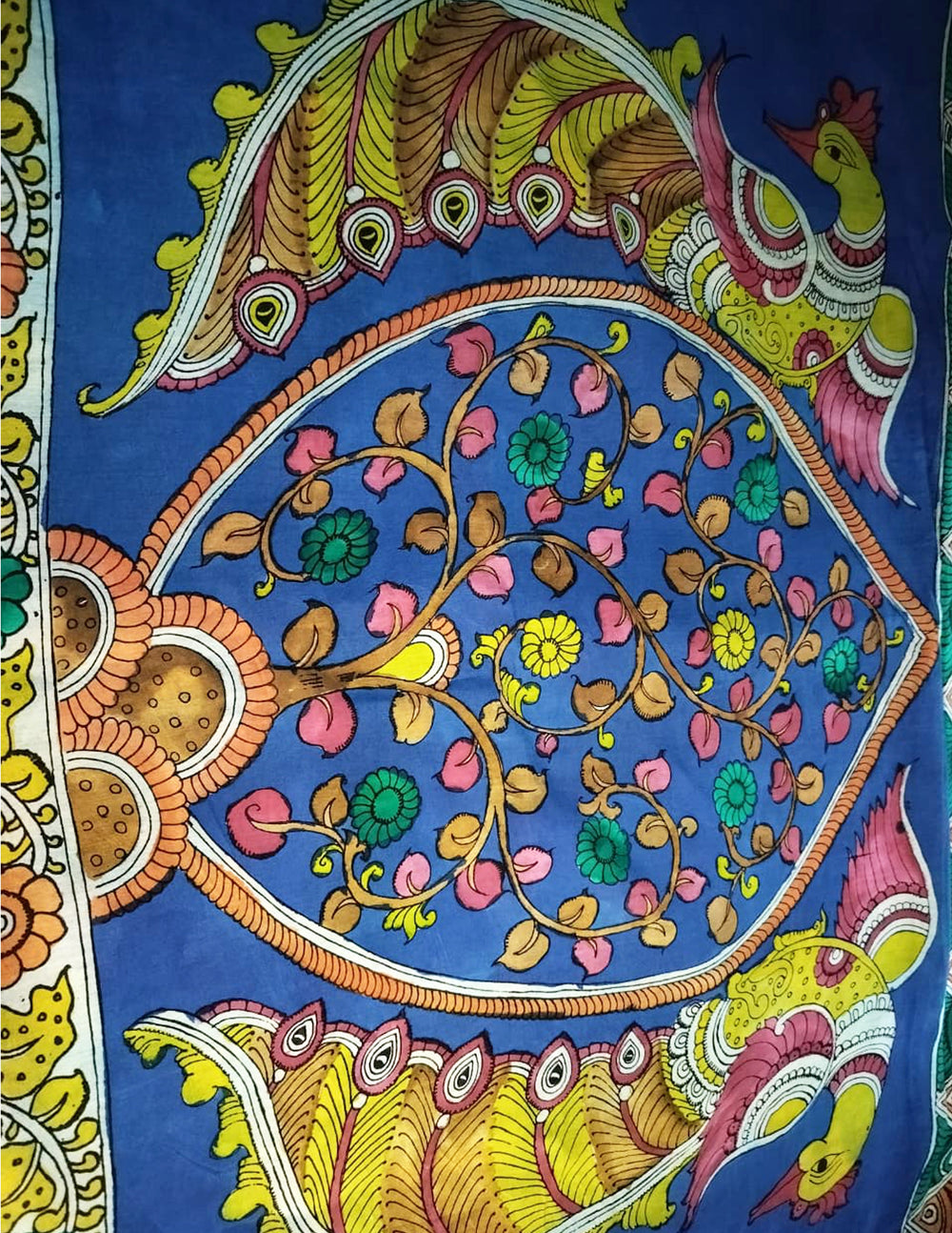 Handpainted Kalamkari Saree Cotton- Yellow-Blue HPK06 - Wefta