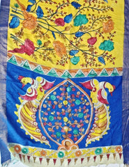 Handpainted Kalamkari Saree Cotton- Yellow-Blue HPK06 - Wefta