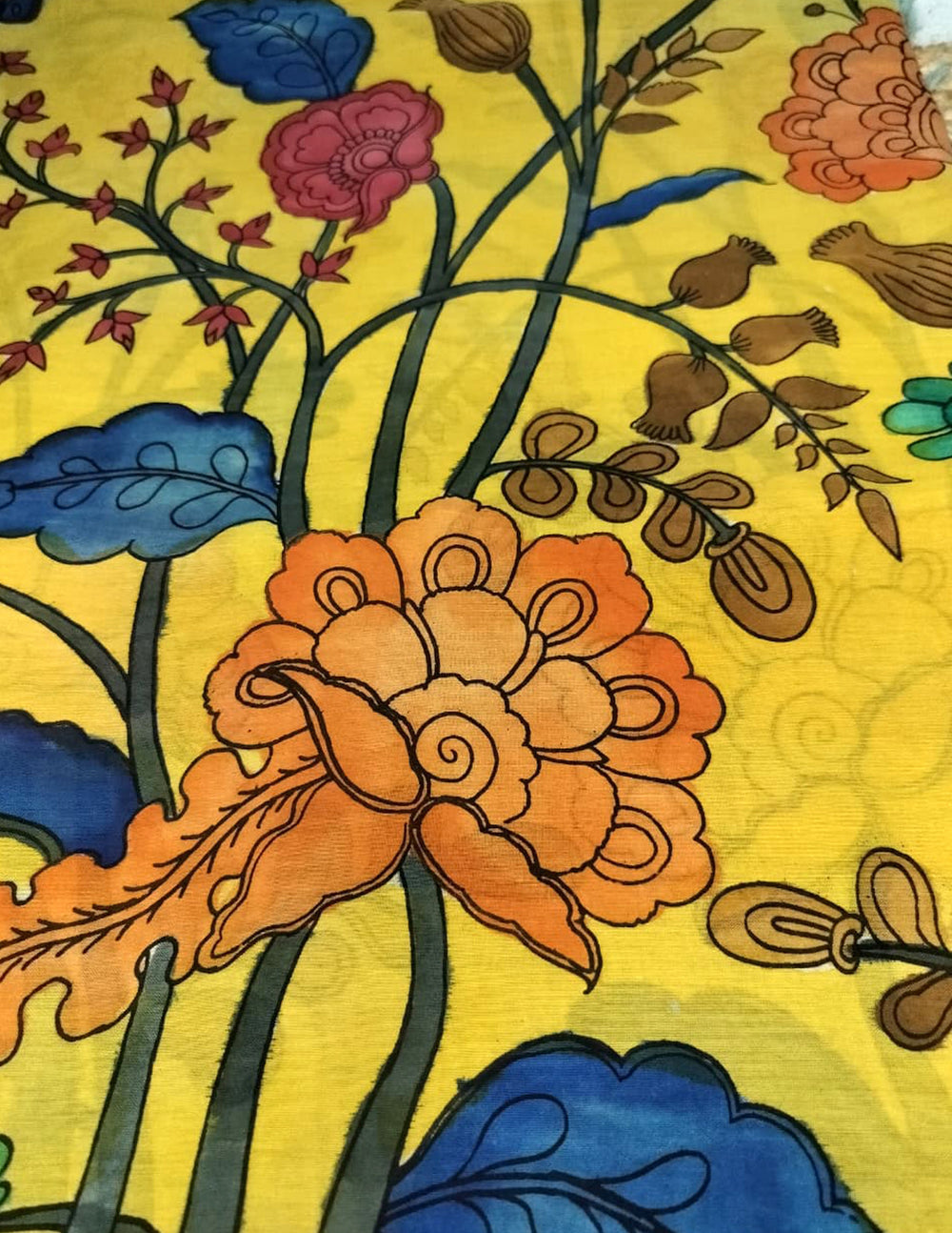 Handpainted Kalamkari Saree Cotton- Yellow-Blue HPK06 - Wefta