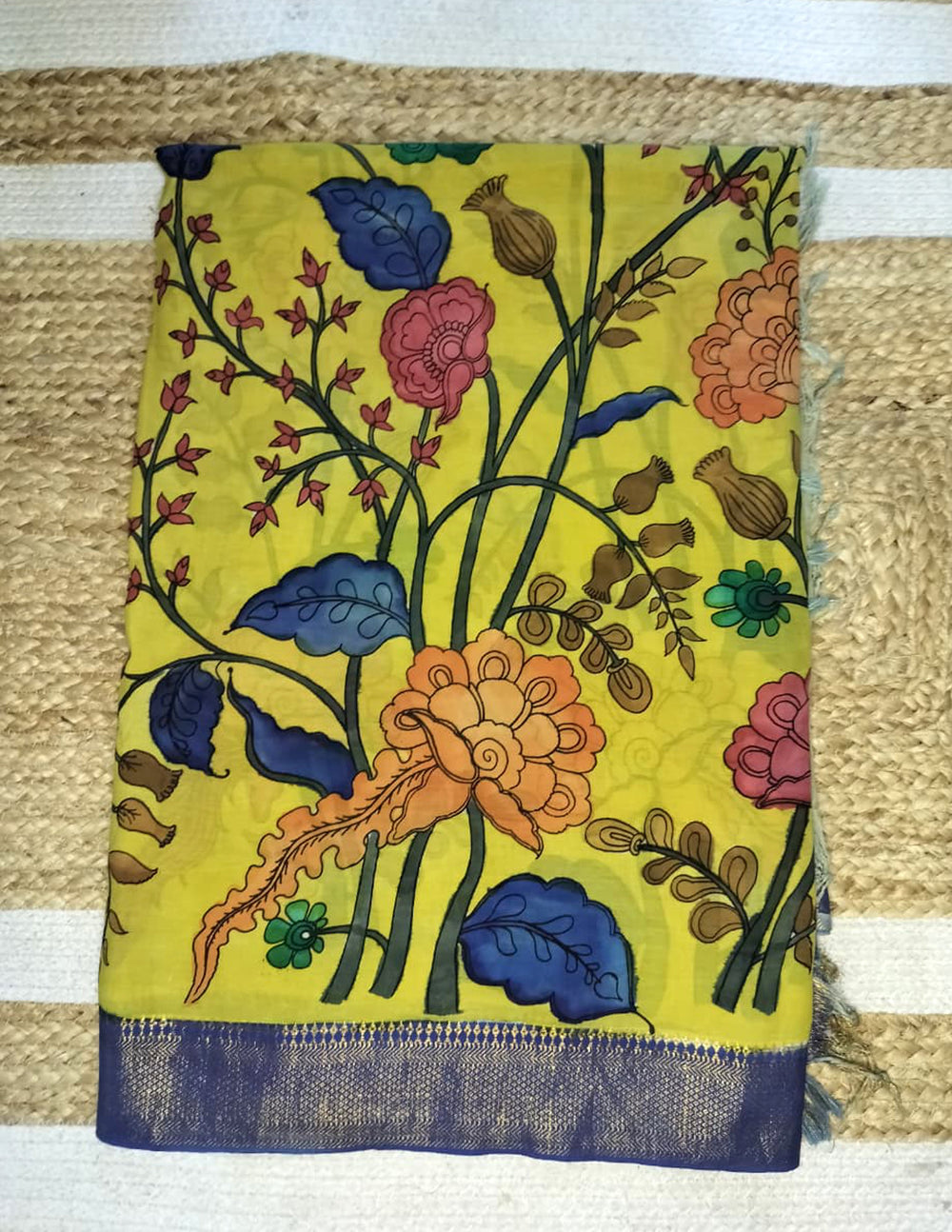 Handpainted Kalamkari Saree Cotton- Yellow-Blue HPK06 - Wefta