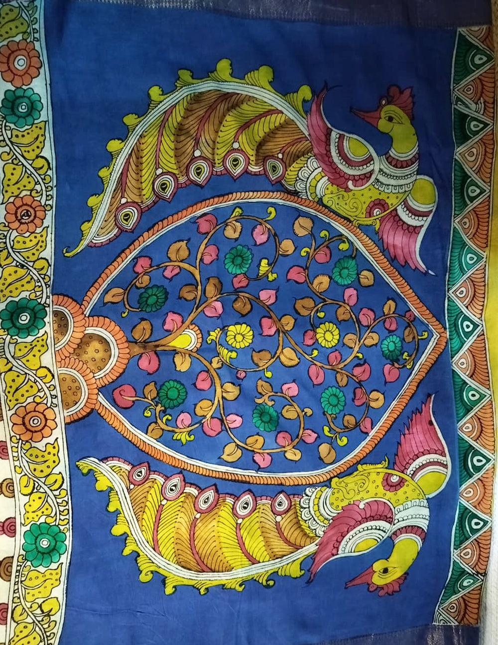Handpainted Kalamkari Saree Cotton- Yellow-Blue HPK06 - Wefta