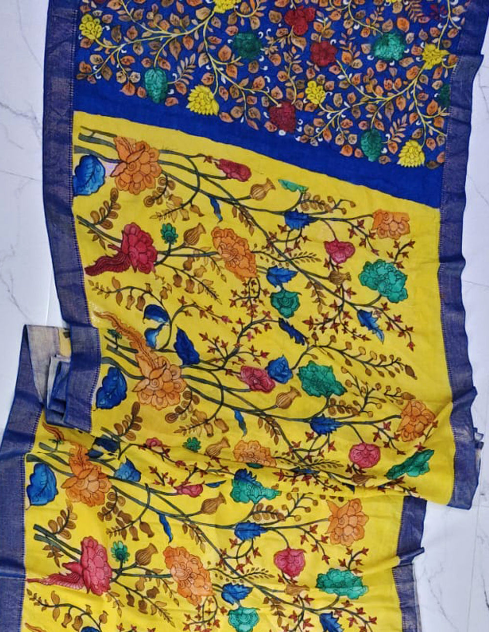 Handpainted Kalamkari Saree Cotton- Yellow-Blue HPK06 - Wefta