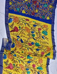 Handpainted Kalamkari Saree Cotton- Yellow-Blue HPK06 - Wefta