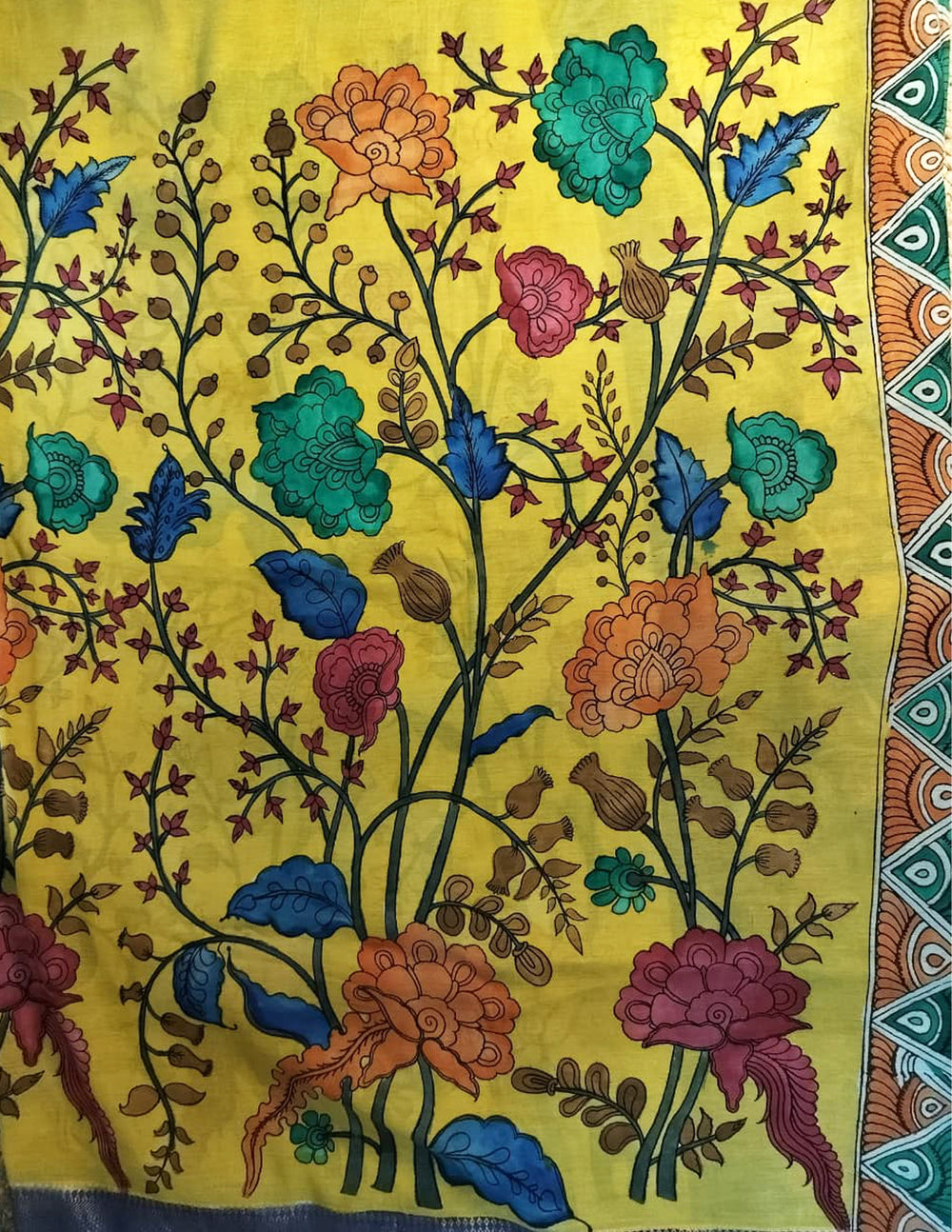 Handpainted Kalamkari Saree Cotton- Yellow-Blue HPK06 - Wefta