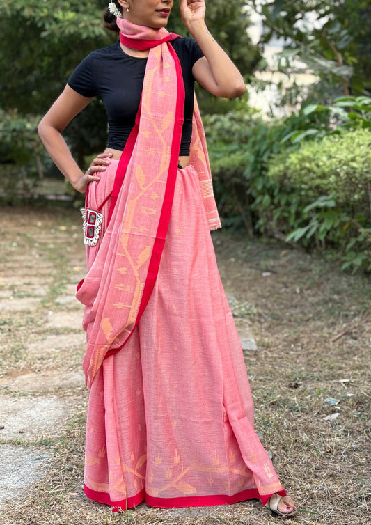 Cotton Jamdani Chir buti Saree- Red
