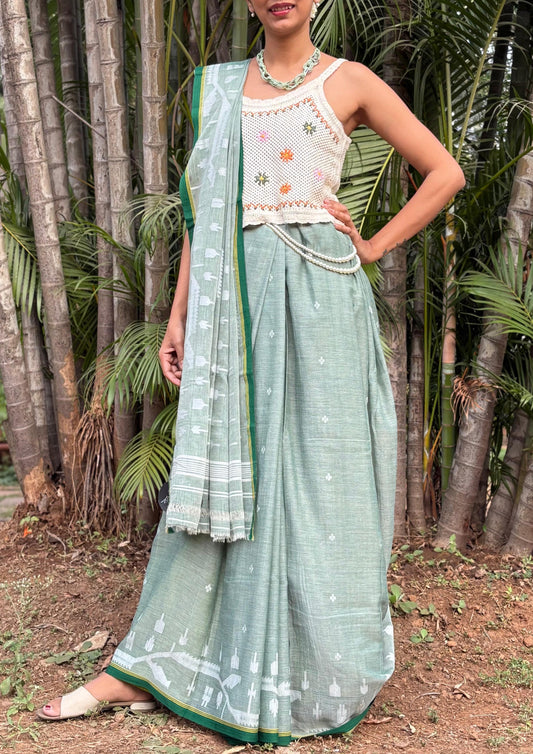 Cotton Jamdani Chir buti Saree- green