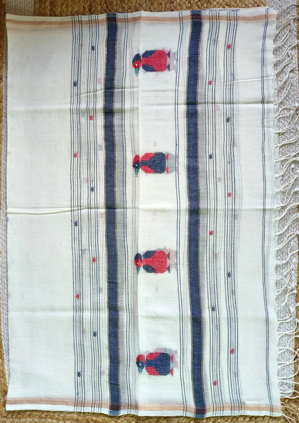 Jamdani Stole - Chidiya - White w1 - Wefta