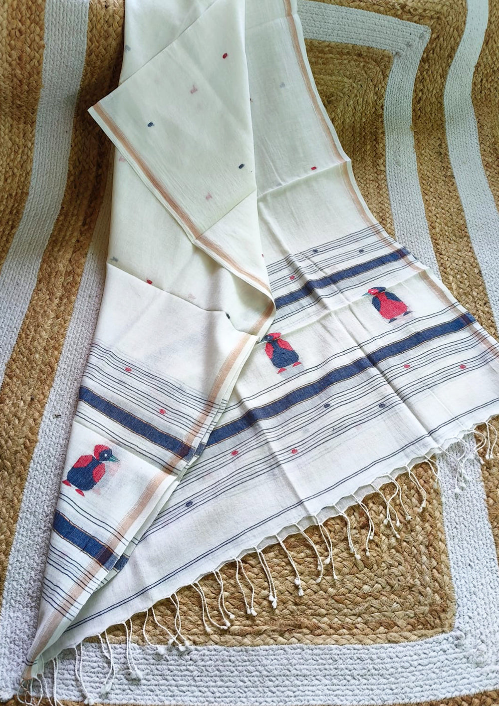 Jamdani Stole - Chidiya - White w1 - Wefta