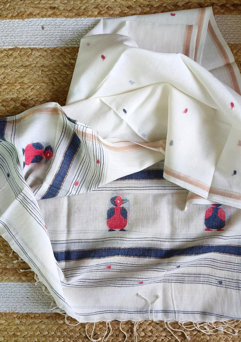 Jamdani Stole - Chidiya - White w1 - Wefta