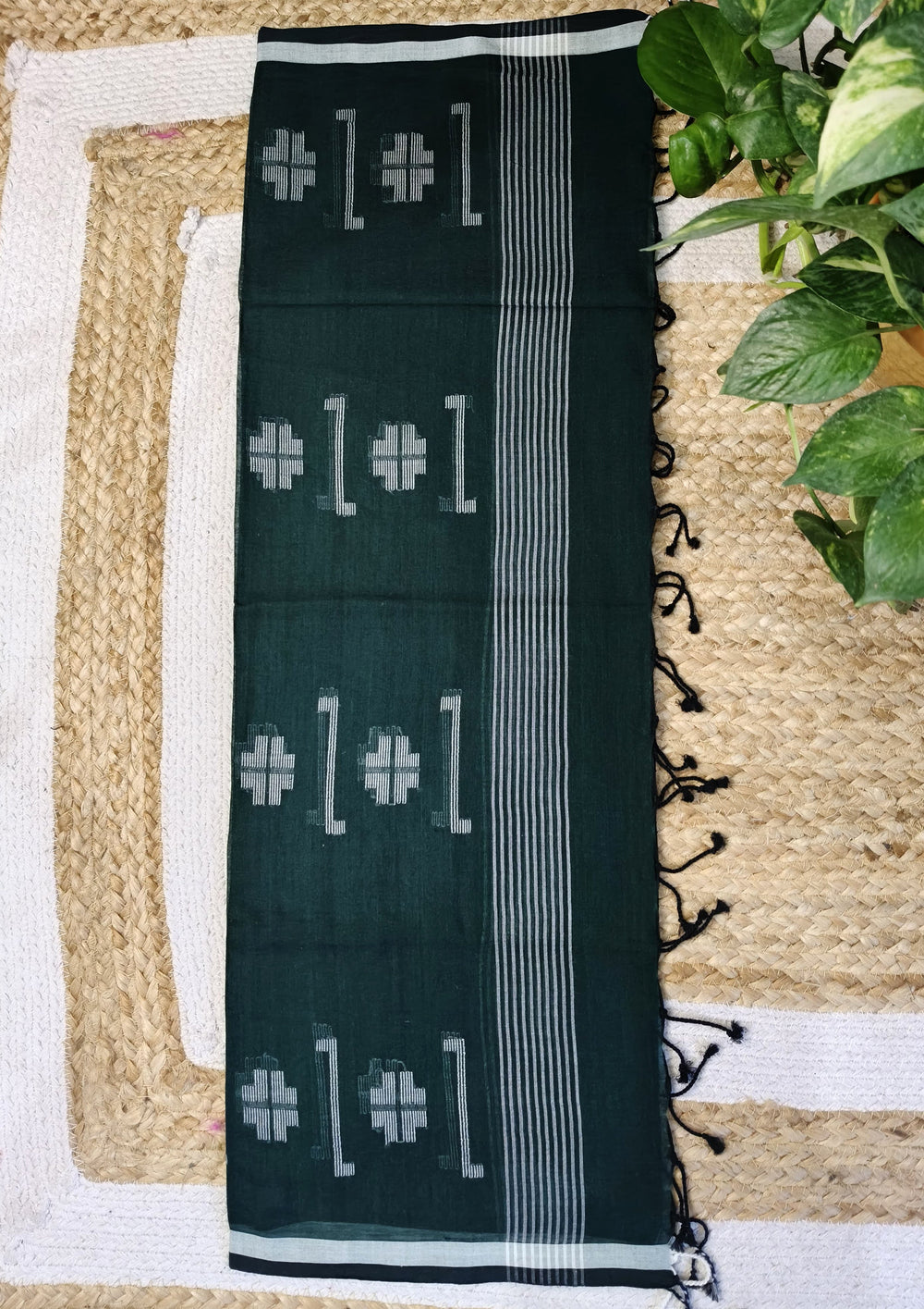 Jamdani Stole - Dark Green 2 - Wefta