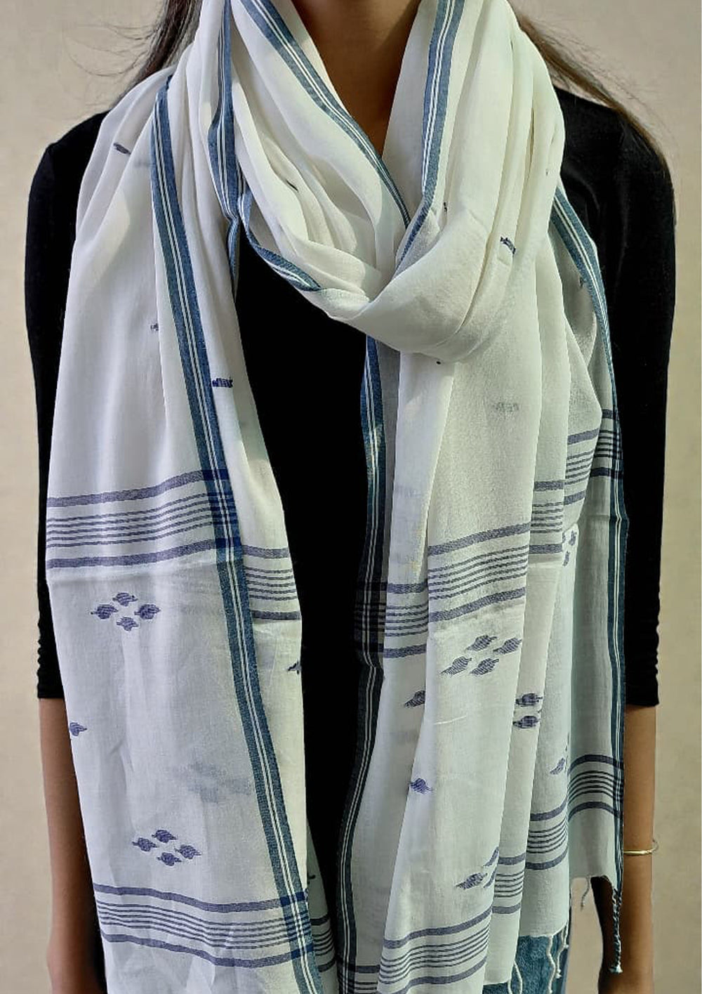 Jamdani Stole - White HJ21 - Wefta