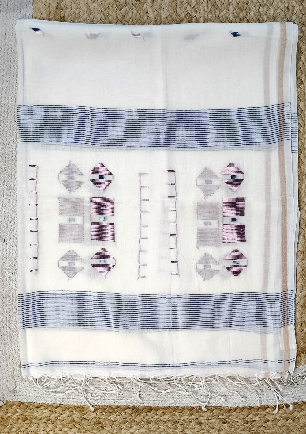 Jamdani Stole - White W4 - Wefta